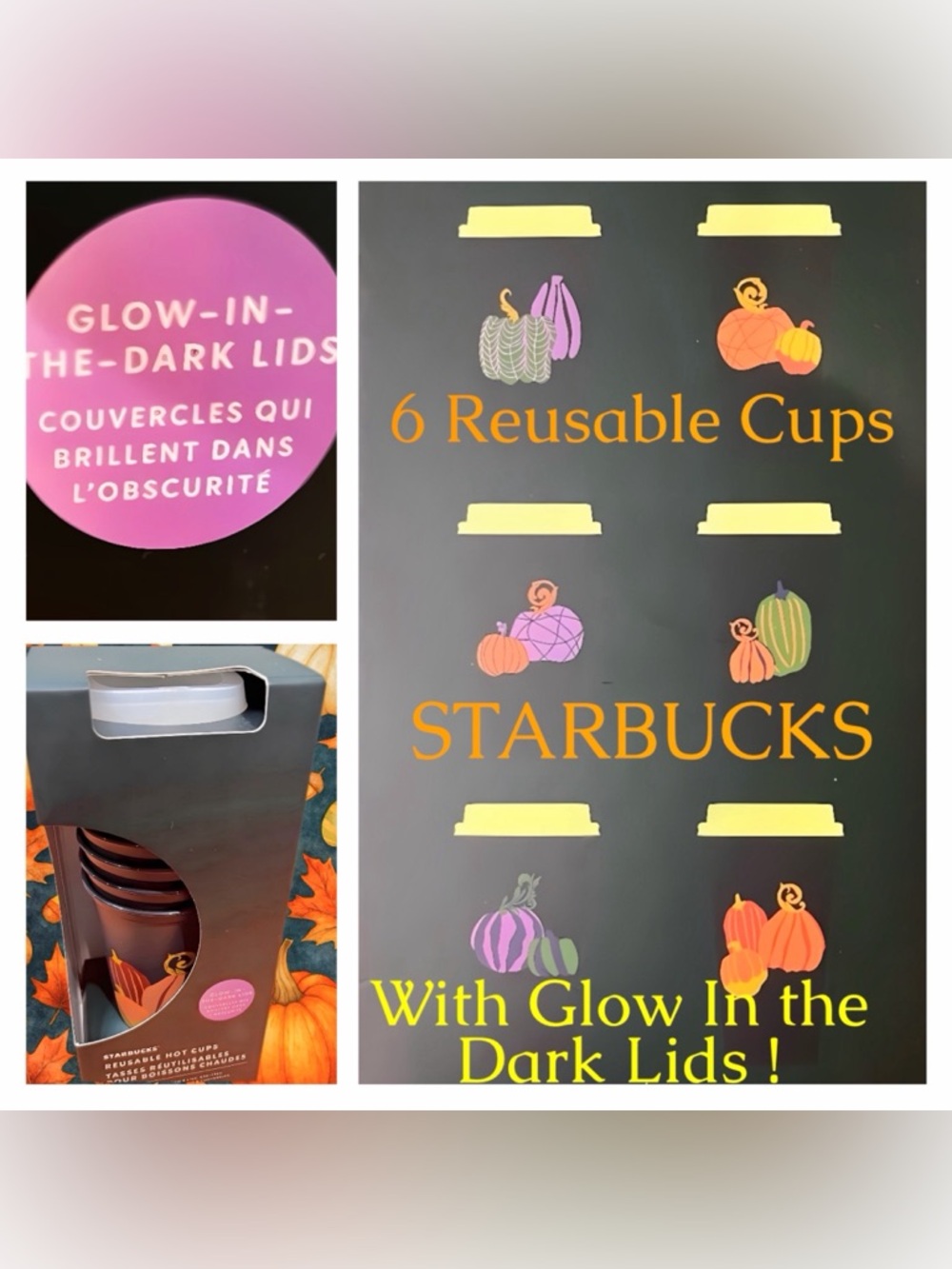 NWT NIB STARBUCKS 6 CUPS 6 GLOW-IN-DARK LIDS CUPS FEATURING 6 DIFFERENT THEMES!